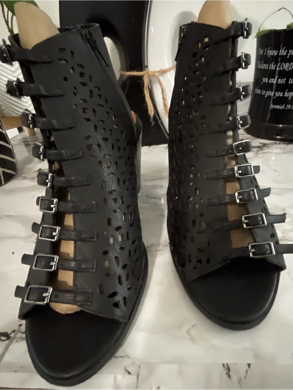 Soda Black Laser-Cut Buckle Peep-Toe Heels 4 inches tall